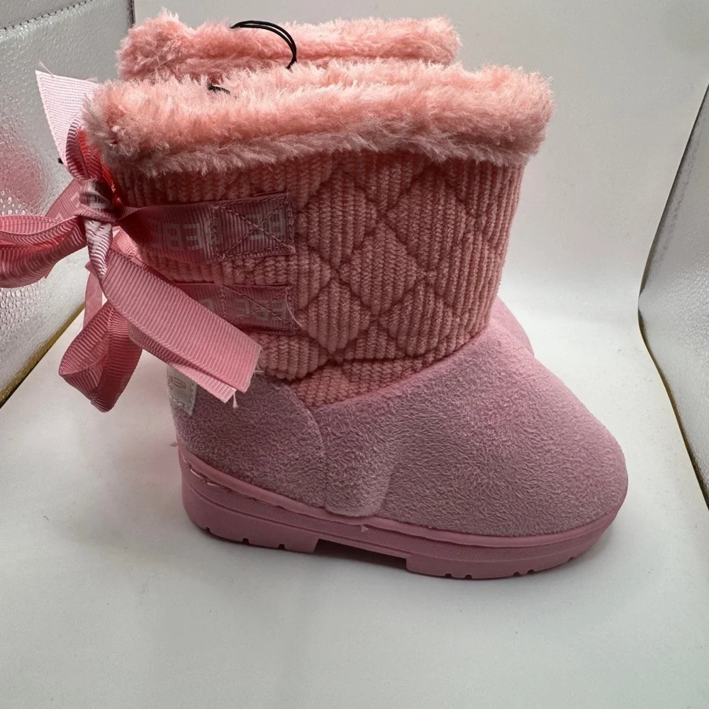 NWT Bebe Toddler Girl Size 7 Pink Ribbon Detail Faux Fur Lined Winter Boots